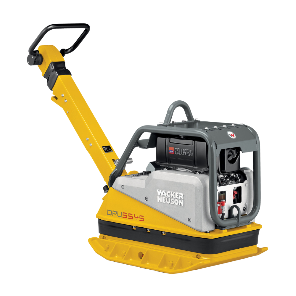 Bilde av Wacker Neuson DPU 5545 vibroplate i gult, med lang håndtak og robust design, tilgjengelig hos NHM Utstyr.