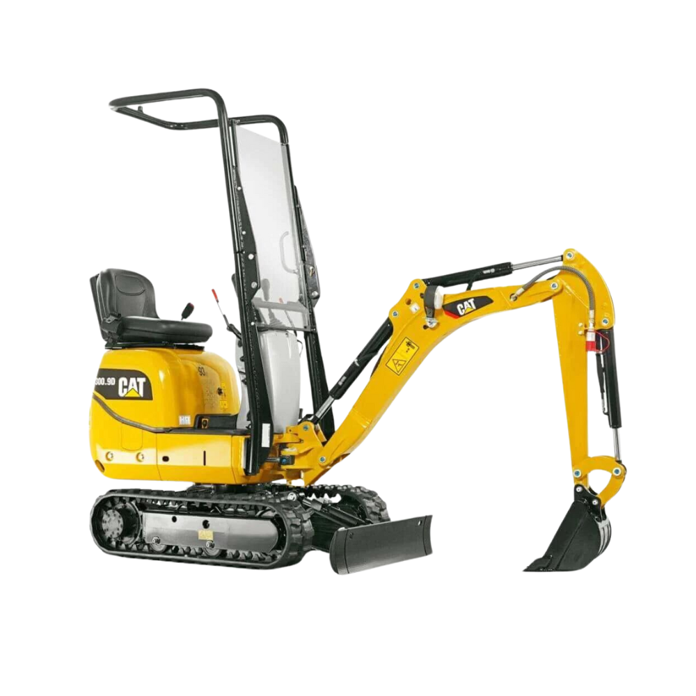 Bilde av en gul CAT 300.9D minigraver med belter, tilgjengelig hos NHM Utstyr.