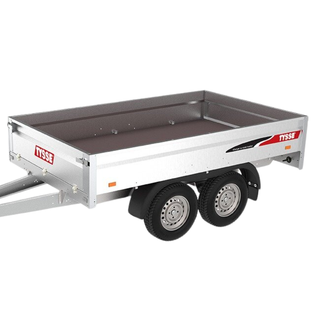 Tysse tilhenger: Solid og romslig lastehenger med doble aksler, perfekt for transportoppgaver. Tilgjengelig hos NHM Utstyr.