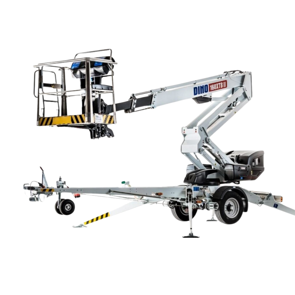 Dinolift 160XTB tilhengerlift: Kraftig og stabil arbeidsplattform for arbeid i høyden. Ideell for sikker og effektiv tilgang. Tilgjengelig hos NHM Utstyr.