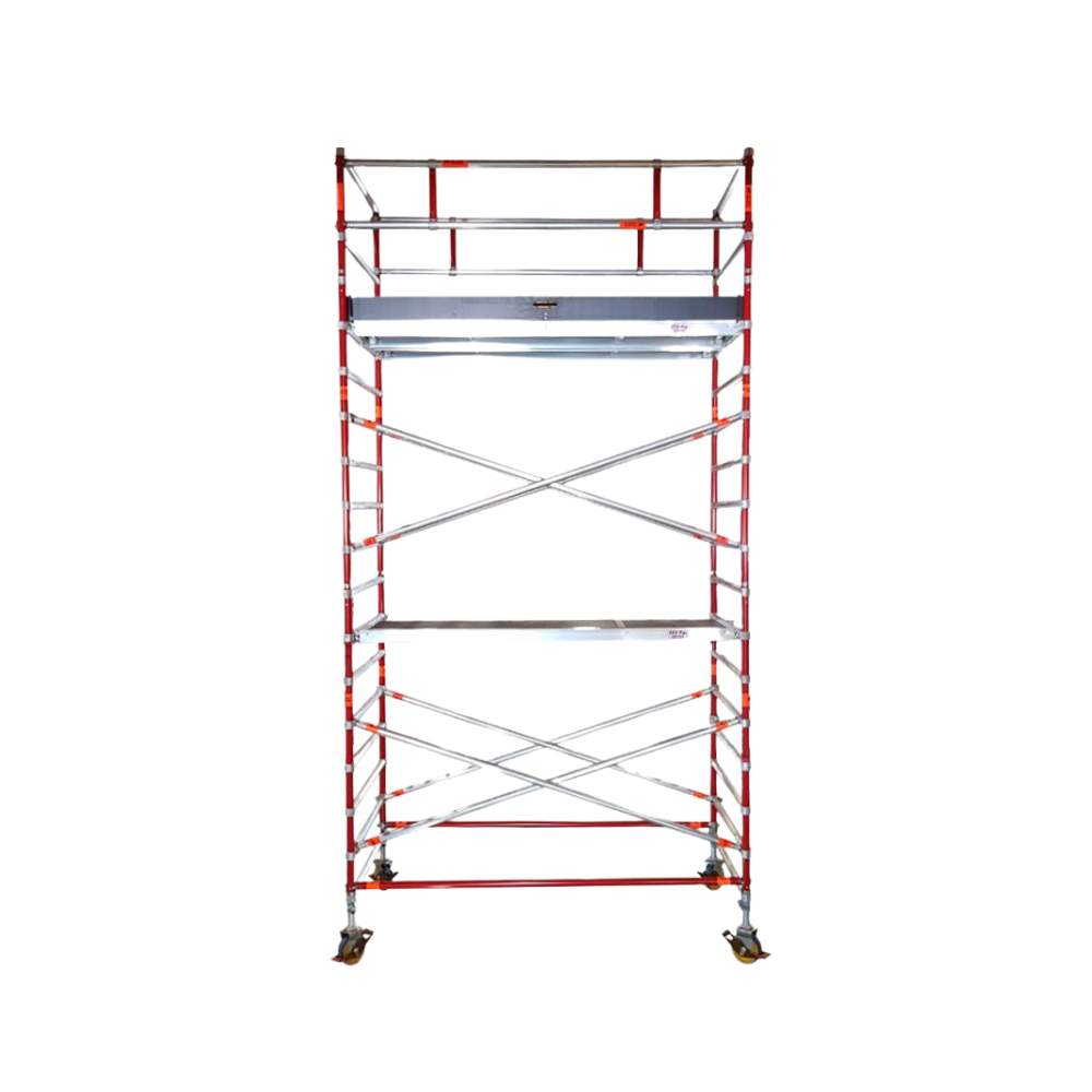 Bilde av et aluminiumstillas med hjul, som gir en sikker arbeidsplattform i høyden. Ideelt for byggearbeid, vedlikehold og malejobber, med lett og holdbar konstruksjon.