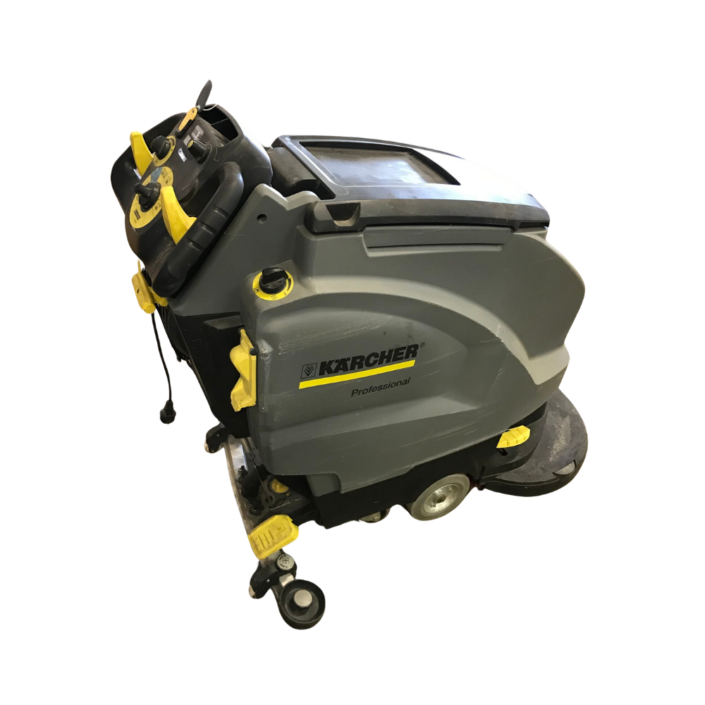 Bilde av en Kärcher gulvvaskemaskin for profesjonell bruk. Dette robuste rengjøringsutstyret er ideelt for effektiv og grundig rengjøring av større gulvflater.