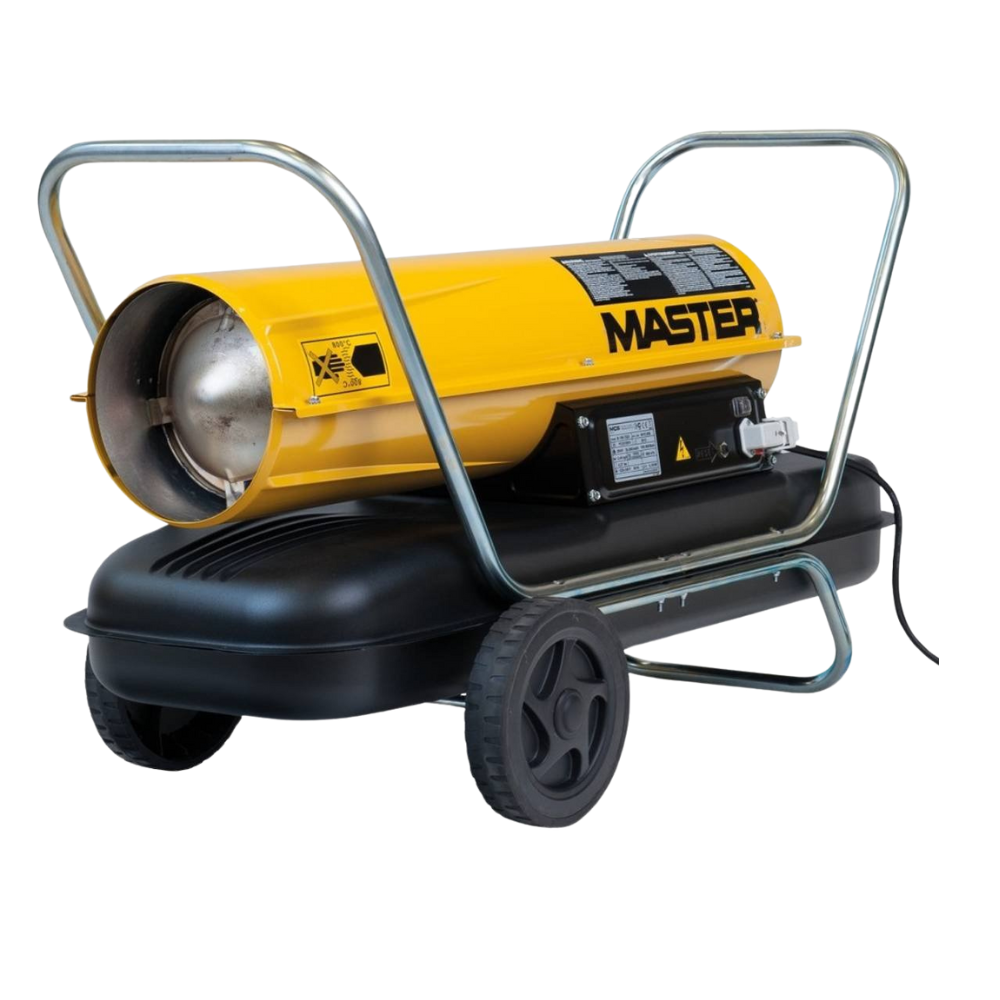 Bilde av en Master diesel varmekanon, ideell for oppvarming av store rom og byggeplasser. Den har hjul for enkel transport og en robust konstruksjon for holdbarhet.